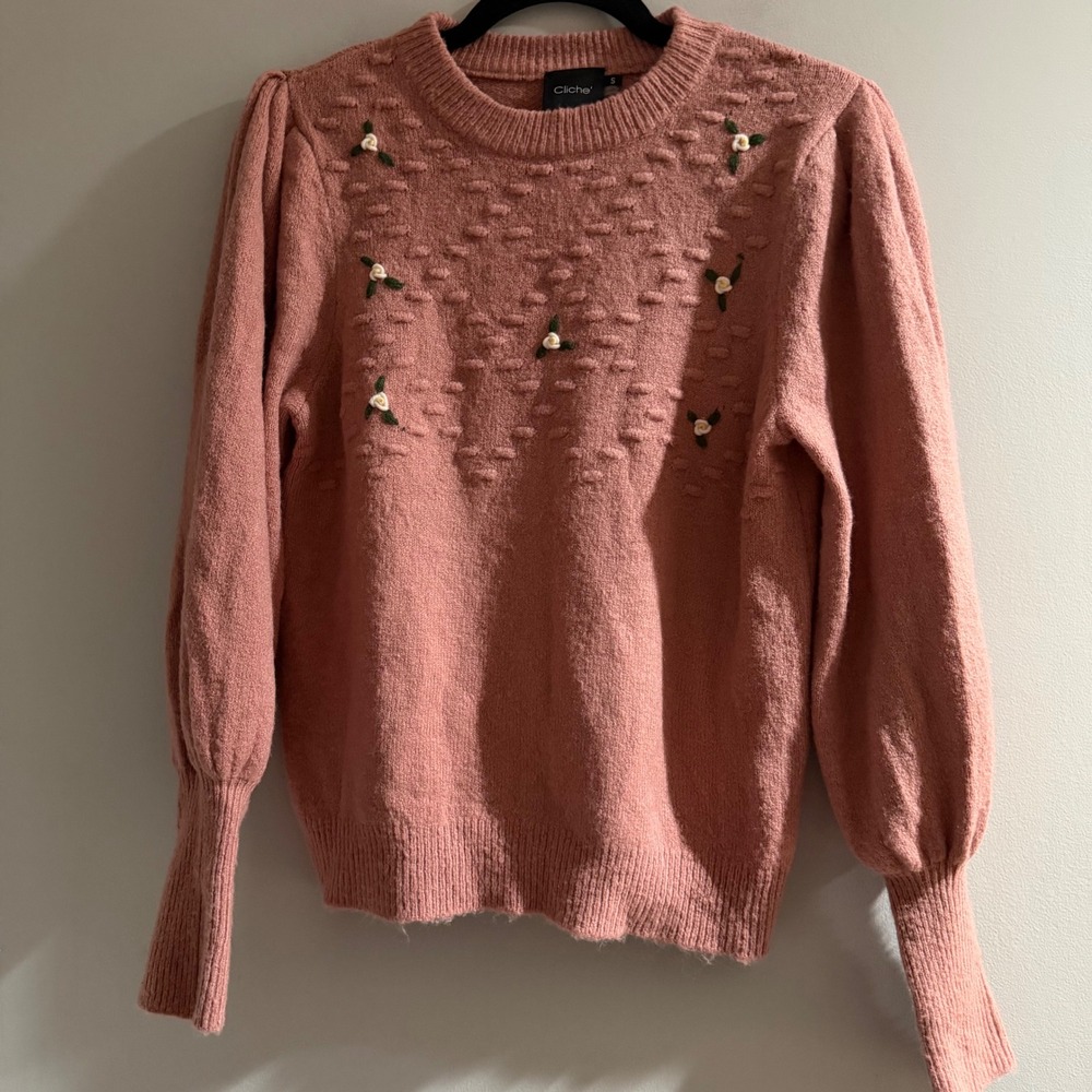 Cliche' Floral Embroidered Puff Sleeve Sweater Womens S Pink Excellent 240341